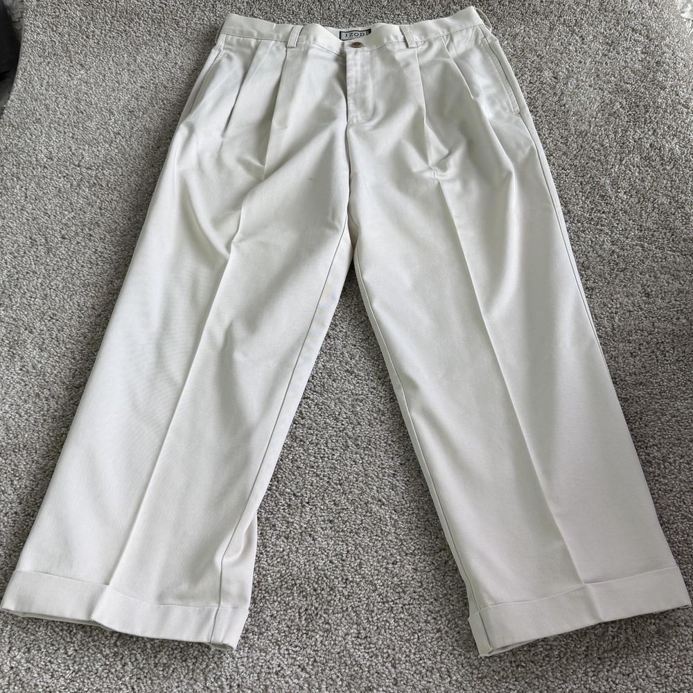 IZOD Pants Mens 34x29 White Cotton Pleated Chino Khakis Classic Straight Leg